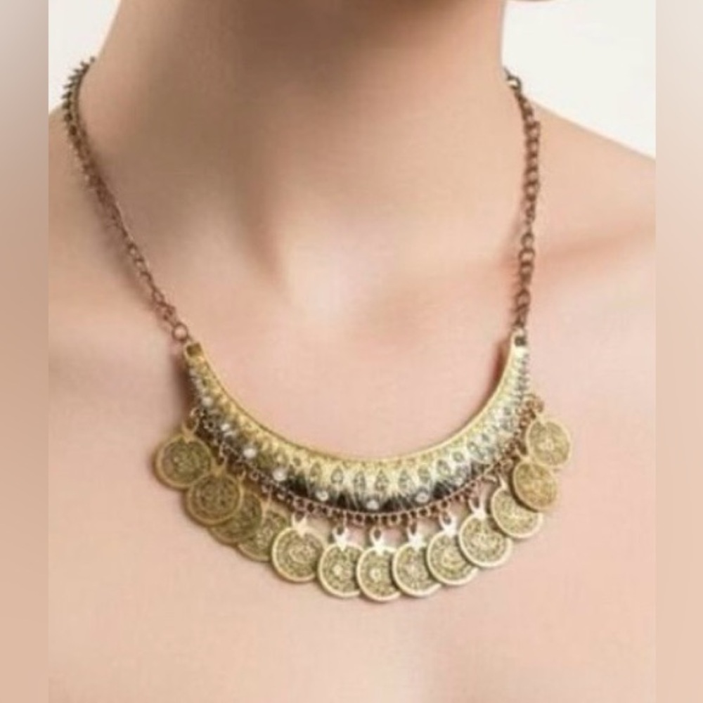 🧚🏻‍♀️ Boho Gold Coin Statement Necklace | Crystal Accents | Adjustable 23–25”